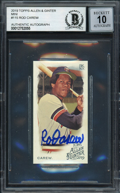 Rod Carew Autographed 2019 Topps Allen & Ginter Mini Card #115 Minnesota Twins Auto Grade Gem Mint 10 Beckett BAS Stock #192829