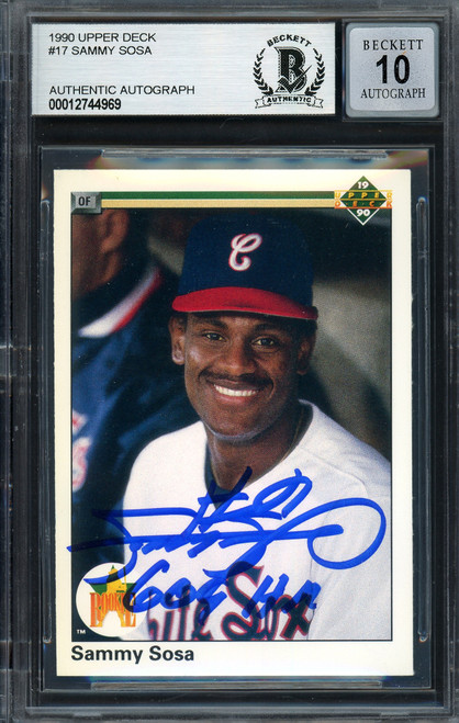 Sammy Sosa Autographed 1990 Upper Deck Rookie Card #17 Chicago White Sox Auto Grade Gem Mint 10 "609 HR" Beckett BAS Stock #192906