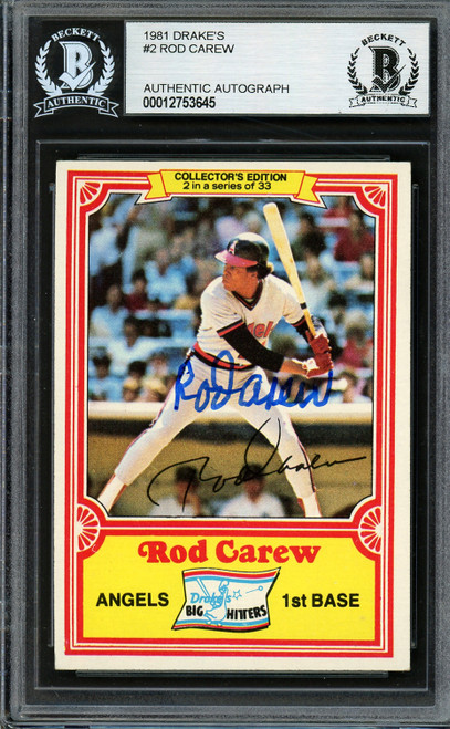 Rod Carew Autographed 1981 Topps Drakes Card #2 California Angels Beckett BAS Stock #193231