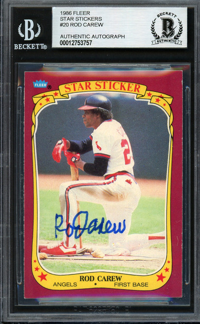 Rod Carew Autographed 1986 Fleer Star Sticker Card #20 California Angels Beckett BAS Stock #193247