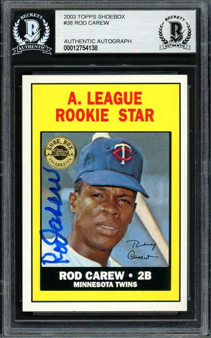 Rod Carew Autographed 2003 Topps Shoe Box Card #38 Minnesota Twins Beckett BAS Stock #193309