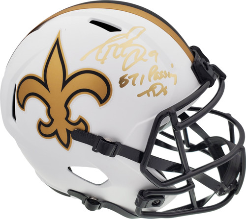 Drew Brees Autographed New Orleans Saints Lunar Eclipse White Full Size Replica Speed Helmet "571 Passing TD's" Beckett BAS Stock #193497