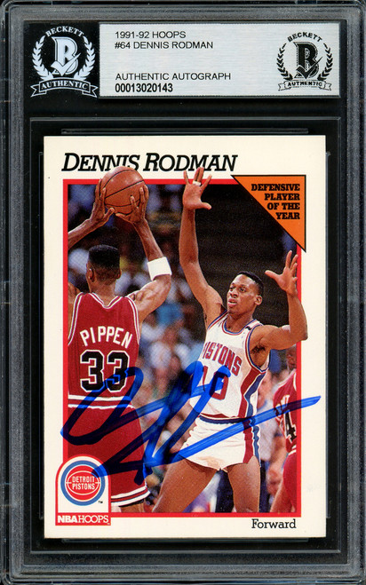 Dennis Rodman Autographed 1991-92 Hoops Card #64 Detroit Pistons Beckett BAS Stock #195016