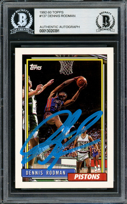 Dennis Rodman Autographed 1992-93 Topps Card #137 Detroit Pistons Blue Paint Beckett BAS Stock #195074