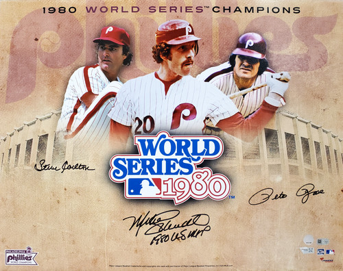 1980 World Series Champion Philadelphia Phillies Autographed 16x20 Photo With 3 Signatures Including Mike Schmidt, Pete Rose & Steve Carlton MLB Holo Stock #195178