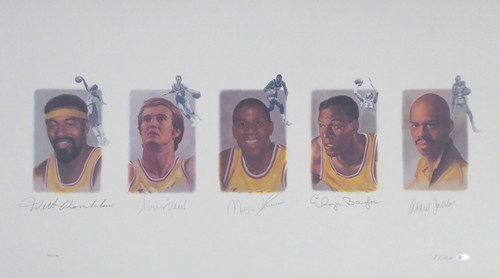 Los Angeles Lakers Legends Autographed Lithograph With 5 Signatures Including Wilt Chamberlain, West, Johnson, Baylor & Abdul-Jabbar #/1992 Beckett BAS Stock #195250