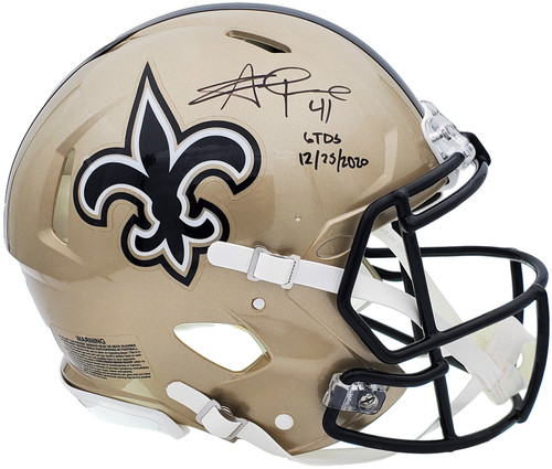 Alvin Kamara Autographed New Orleans Saints Gold Full Size Authentic Speed Helmet "6 TDs 12-25-2020" Beckett BAS QR Stock #197143