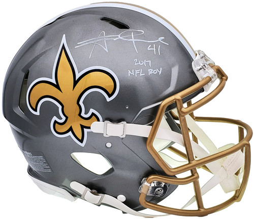 Alvin Kamara Autographed New Orleans Saints Flash Silver Full Size Authentic Speed Helmet "2017 NFL ROY" Beckett BAS QR Stock #197145