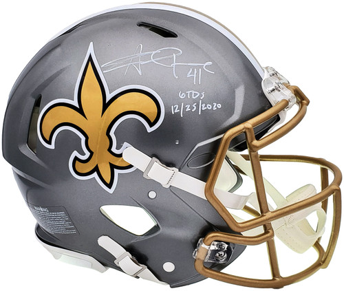 Alvin Kamara Autographed New Orleans Saints Flash Silver Full Size Authentic Speed Helmet "6 TDs 12-25-2020" Beckett BAS QR Stock #197146