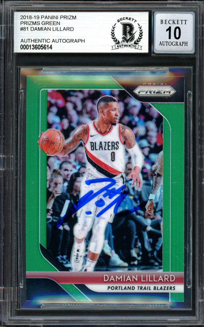 Damian Lillard Autographed 2018-19 Panini Prizm Green Card #81 Portland Trail Blazers Auto Grade Gem Mint 10 Beckett BAS Stock #199601