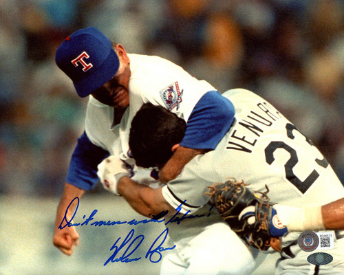 Nolan Ryan Autographed 8x10 Photo Texas Rangers Fight vs. Robin Ventura "Don't Mess With Texas!" Beckett BAS Stock #201266