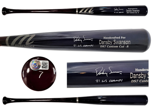 Dansby Swanson Autographed Blue & Brown Marucci Game Model Bat Atlanta Braves "21 WS Champs" Beckett BAS QR Stock #201707