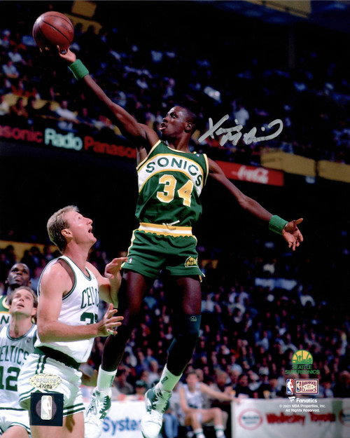 Xavier McDaniel Autographed 8x10 Photo Seattle Supersonics Over Larry Bird MCS Holo Stock #202457