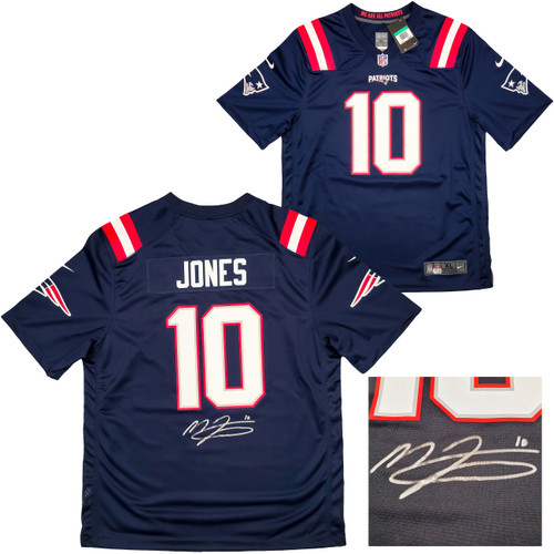 New England Patriots Mac Jones Autographed Blue Nike Gameday Jersey Size XL Beckett BAS QR Stock #202968