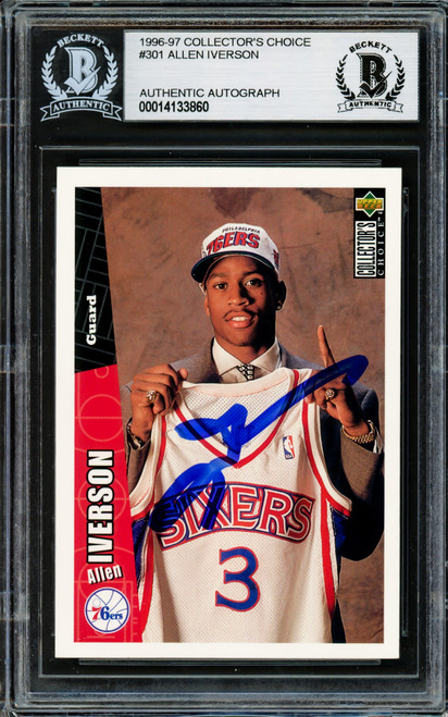 Allen Iverson Autographed 1996-97 Upper Deck Collector's Choice Rookie Card #301 Philadelphia 76ers Beckett BAS Stock #203716