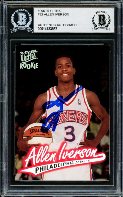 Allen Iverson Autographed 1996-97 Fleer Ultra Rookie Card #82 Philadelphia 76ers Beckett BAS Stock #203717