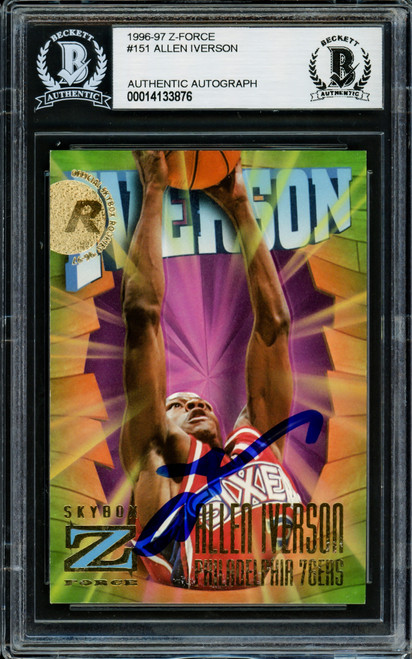 Allen Iverson Autographed 1996-97 Skybox Z Force Rookie Card #151 Philadelphia 76ers Beckett BAS Stock #203721