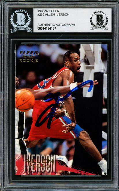 Allen Iverson Autographed 1996-97 Fleer Rookie Card #235 Philadelphia 76ers Beckett BAS Stock #203752