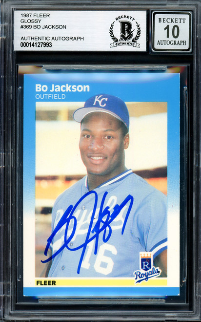 Bo Jackson Autographed 1987 Fleer Glossy Rookie Card #369 Kansas City Royals Auto Grade Gem Mint 10 Beckett BAS Stock #205725