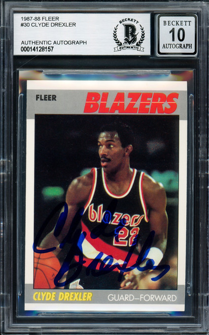 Clyde Drexler Autographed 1987-88 Fleer Card #30 Portland Trail Blazers Auto Grade Gem Mint 10 Beckett BAS Stock #205728