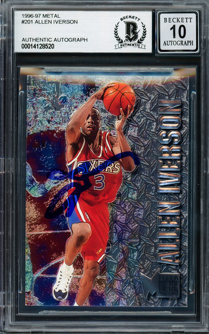 Allen Iverson Autographed 1996-97 Fleer Metal Rookie Card #201 Philadelphia 76ers Auto Grade Gem Mint 10 Beckett BAS Stock #205769