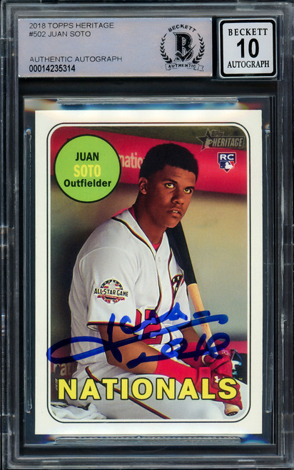 Juan Soto Autographed 2018 Topps Heritage Rookie Card #502 New York Yankees Auto Grade Gem Mint 10 Beckett BAS Stock #205934