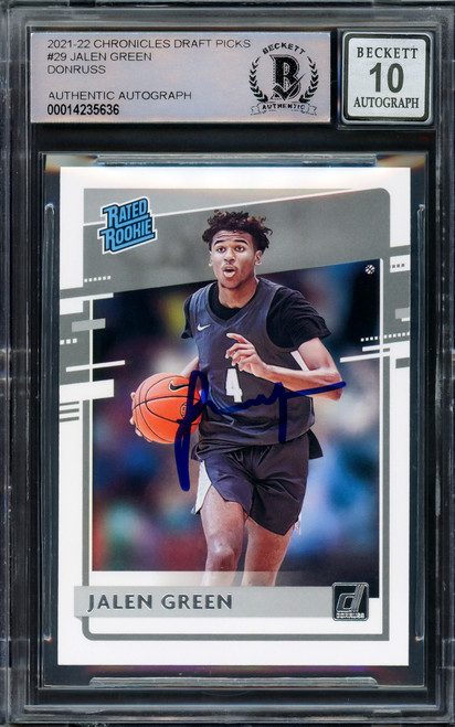 Jalen Green Autographed 2021-22 Donruss Rated Rookie Card #29 Houston Rockets Auto Grade Gem Mint 10 Beckett BAS Stock #205943