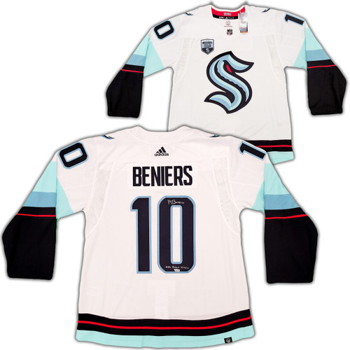 Seattle Kraken Matty Beniers Autographed White Adidas Authentic Jersey Size 54 With Inaugural Patch "NHL Debut" Fanatics Holo Stock #206011