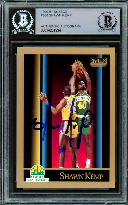 Shawn Kemp Autographed 1990 Skybox Rookie Card #268 Seattle Supersonics Beckett BAS Stock #206663