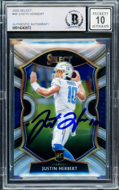 Justin Herbert Autographed 2020 Panini Select Concourse Level Rookie Card #44 Los Angeles Chargers Auto Grade Gem Mint 10 Beckett BAS Stock #206670