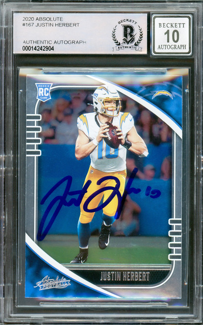Justin Herbert Autographed 2020 Panini Absolute Rookie Card #167 Los Angeles Chargers Auto Grade Gem Mint 10 Beckett BAS Stock #206671