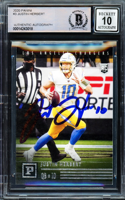 Justin Herbert Autographed 2020 Chronicles Panini Rookie Card #PA-3 Los Angeles Chargers Auto Grade Gem Mint 10 Beckett BAS Stock #206689