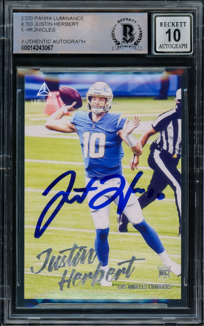 Justin Herbert Autographed 2020 Panini Luminance Rookie Card #203 Los Angeles Chargers Auto Grade Gem Mint 10 Stock #206692