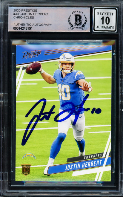 Justin Herbert Autographed 2020 Panini Prestige Rookie Card #303 Los Angeles Chargers Auto Grade Gem Mint 10 Beckett BAS Stock #206693