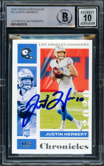 Justin Herbert Autographed 2020 Panini Chronicles Rookie Card #53 Los Angeles Chargers Auto Grade Gem Mint 10 Beckett BAS Stock #206708