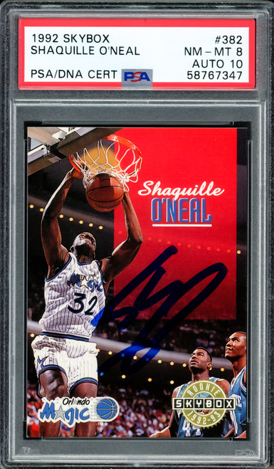 Shaquille "Shaq" O'Neal Autographed 1992 Skybox Rookie Card #382 Orlando Magic PSA 8 Auto Grade Gem Mint 10 PSA/DNA Stock #207333
