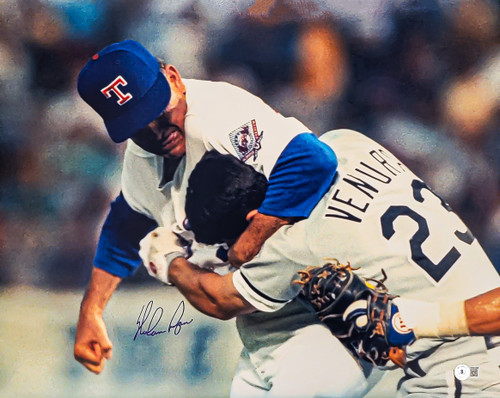 Nolan Ryan Autographed 16x20 Photo Texas Rangers Fight vs. Robin Ventura Beckett BAS QR Stock #208689
