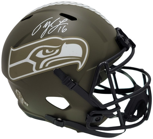 Tyler Lockett Autographed Seattle Seahawks Army Green Salute To Service Full Size Replica Speed Helmet MCS Holo Stock #209184