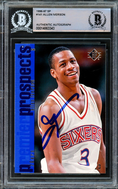 Allen Iverson Autographed 1996-97 Upper Deck SP Rookie Card #141 Philadelphia 76ers Beckett BAS Stock #209781