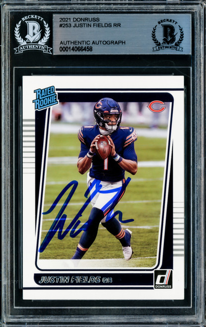 Justin Fields Autographed 2021 Donruss Rated Rookie Card #253 Chicago Bears Beckett BAS Stock #210113