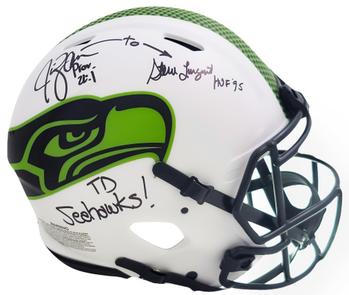 Steve Largent & Jim Zorn Autographed Seattle Seahawks Lunar Eclipse White Full Size Authentic Speed Helmet "TD Seahawks!" MCS Holo Stock #210446