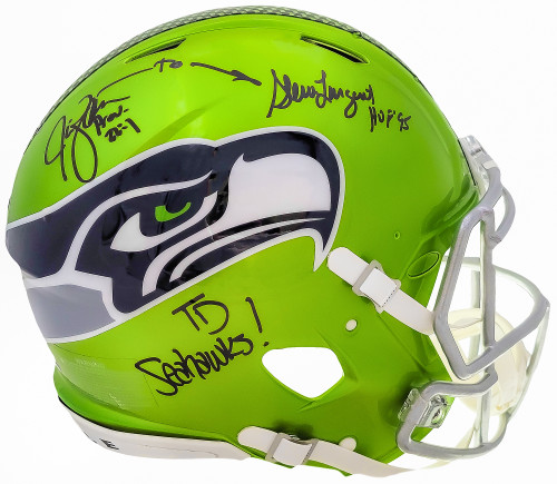 Steve Largent & Jim Zorn Autographed Seattle Seahawks Flash Green Full Size Authentic Speed Helmet "TD Seahawks!" MCS Holo Stock #210448