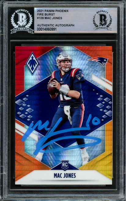 Mac Jones Autographed 2021 Panini Phoenix Fire Burst Rookie Card #109 New England Patriots Beckett BAS Stock #210490