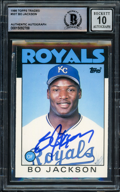 Bo Jackson Autographed 1986 Topps Traded Rookie Card #50T Kansas City Royals Auto Grade Gem Mint 10 Beckett BAS Stock #211042