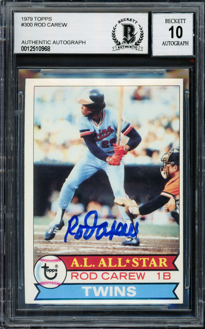 Rod Carew Autographed 1979 Topps Card #300 Minnesota Twins Auto Grade Gem Mint 10 Beckett BAS Stock #211234