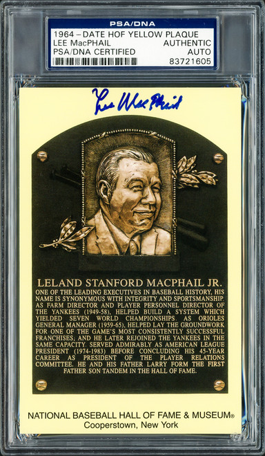 Lee MacPhail Autographed Hall of Fame HOF Plaque Postcard MLB President Signed In Blue PSA/DNA Stock #211262