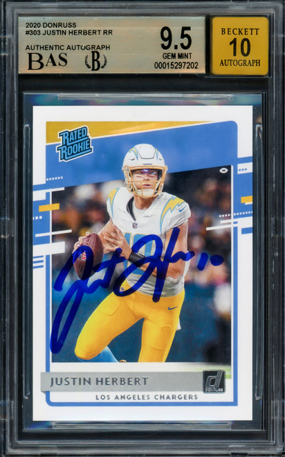 Justin Herbert Autographed 2020 Donruss Rated Rookie Card #303 Los Angeles Chargers BGS 9.5 Auto Grade Gem Mint 10 Beckett BAS Stock #211824