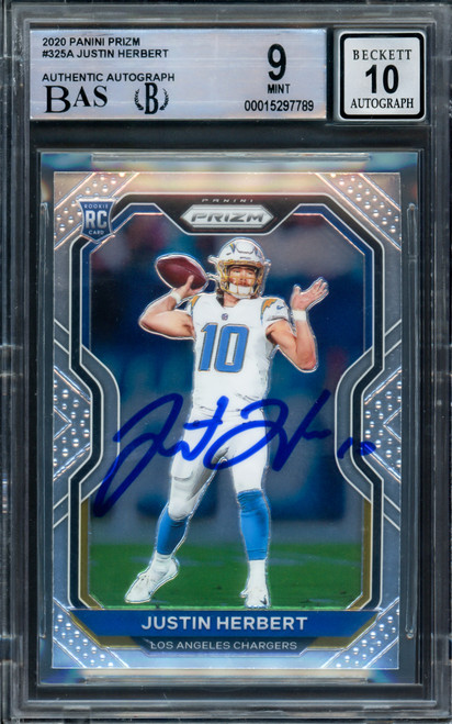 Justin Herbert Autographed 2020 Panini Prizm Rookie Card #325 Los Angeles Chargers BGS 9 Auto Grade Gem Mint 10 Beckett BAS Stock #211828