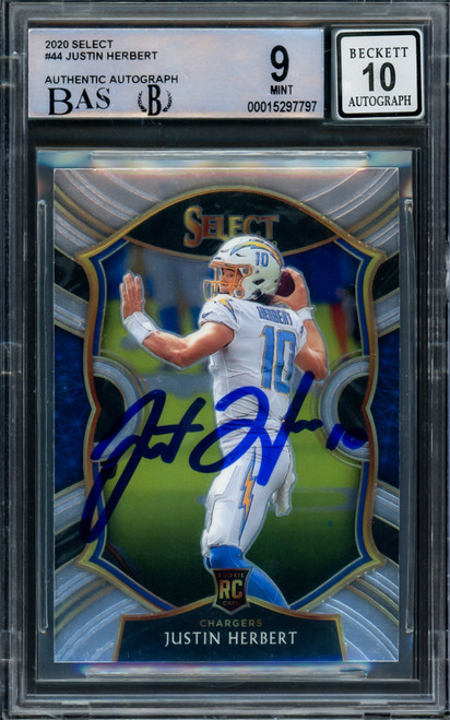 Justin Herbert Autographed 2020 Select Rookie Card #44 Los Angeles Chargers BGS 9 Auto Grade Gem Mint 10 Beckett BAS Stock #211832