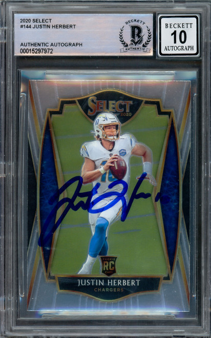 Justin Herbert Autographed 2020 Select Rookie Card #144 Los Angeles Chargers Auto Grade Gem Mint 10 Beckett BAS Stock #211835